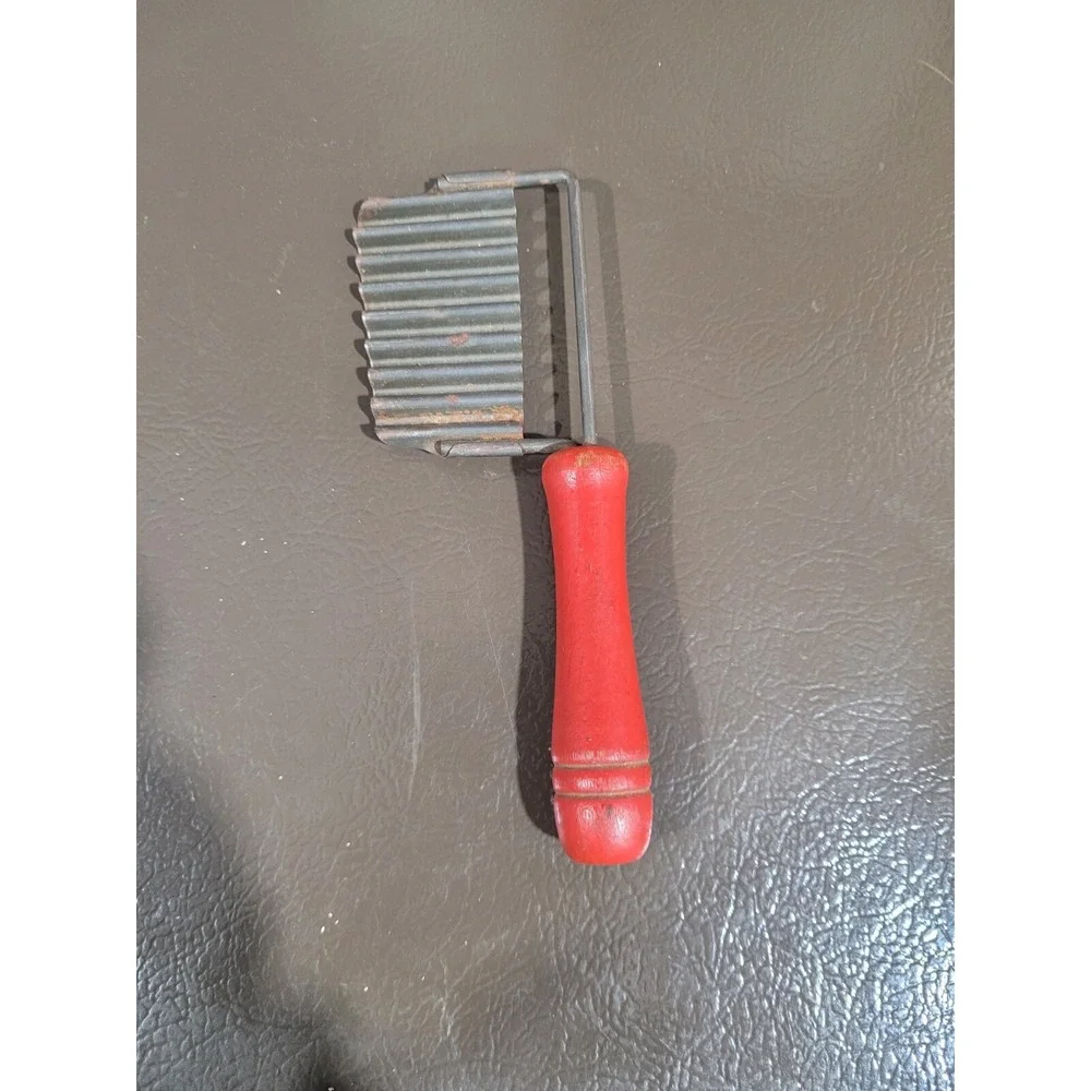 Vintage  Wavy Metal Cheese Slicer with wood Red  Handle